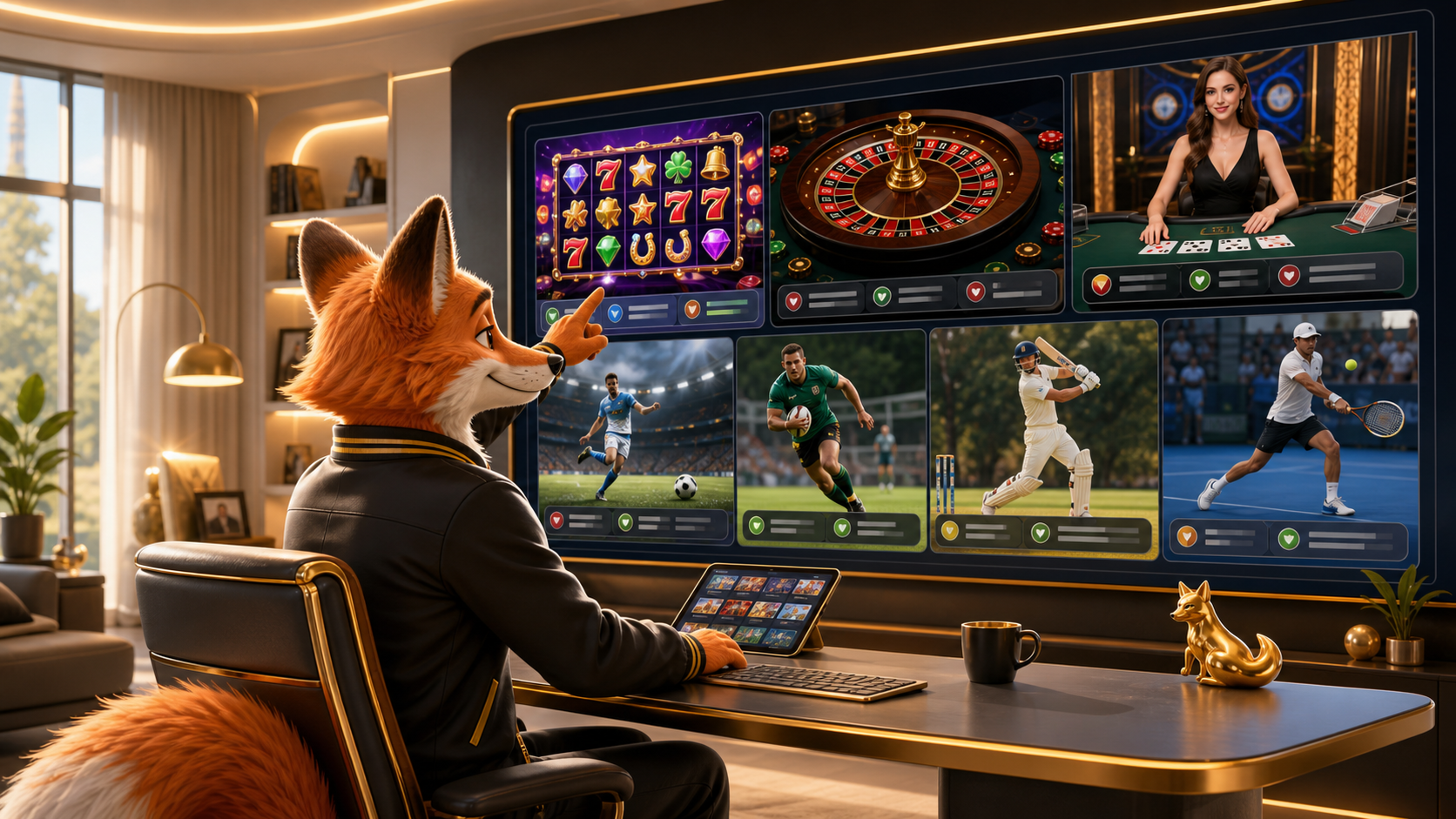 A Foxy Gold player exploring slots, table games, live casino and sports betting on a large online platform screen