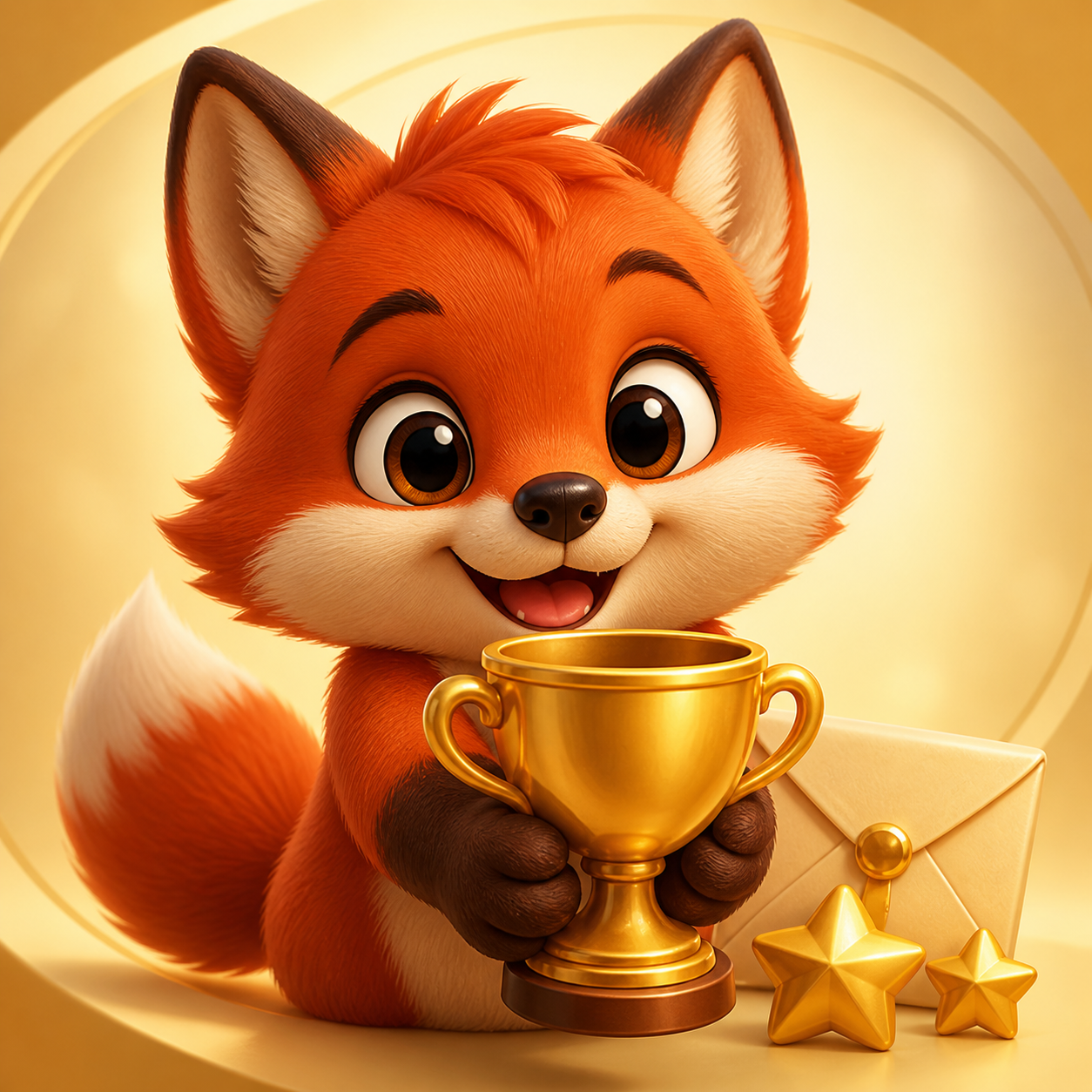 A fox cub presenting a tournament trophy