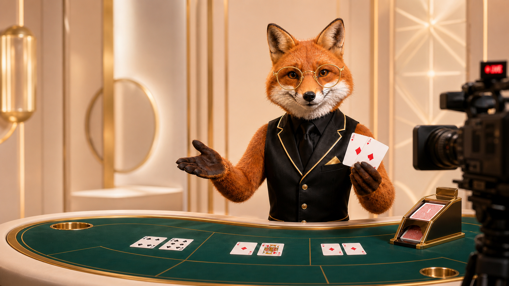 A Foxy Gold live baccarat presenter wearing gold glasses in a bright online studio