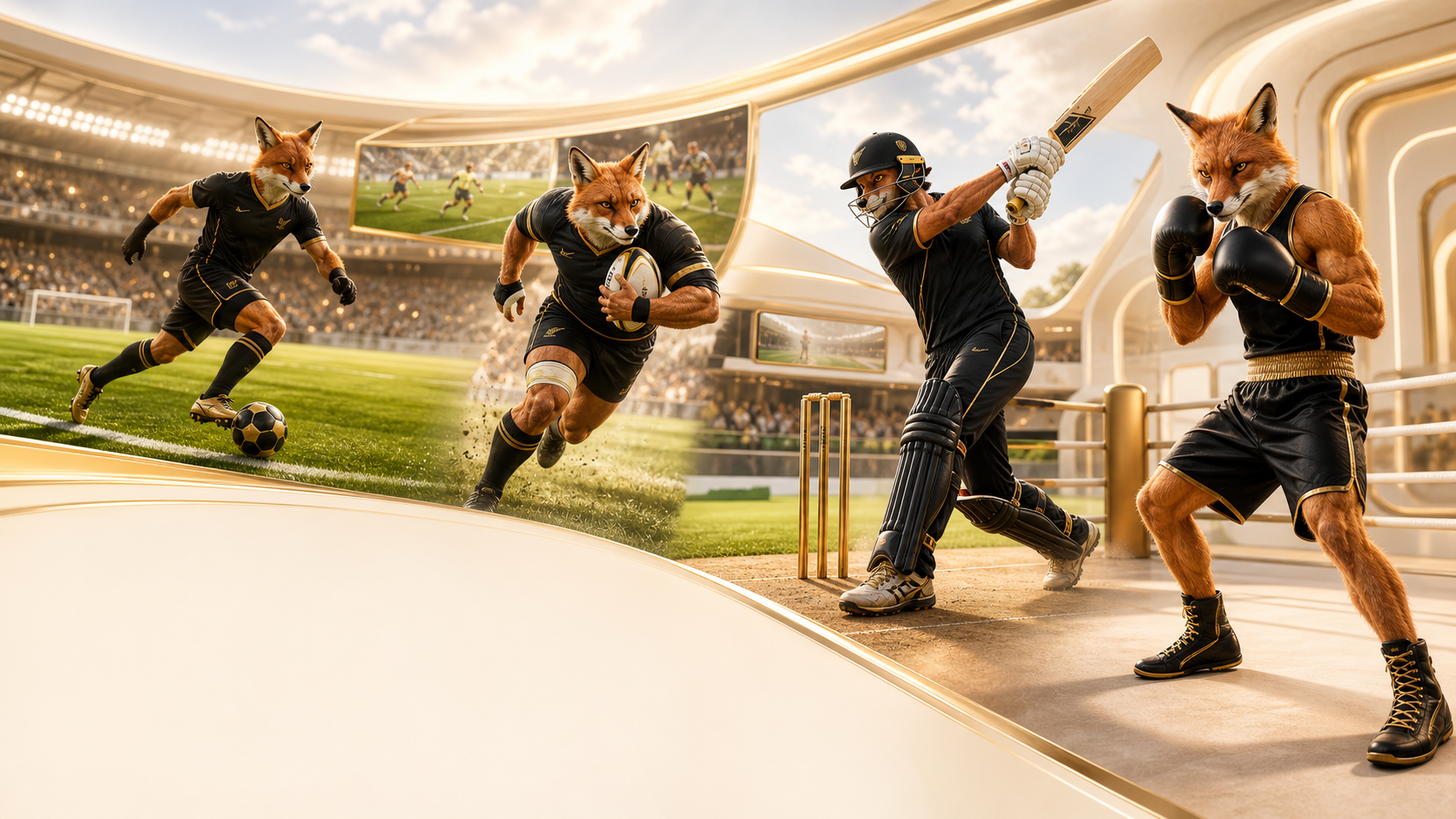 Foxy Gold fox athletes playing football, rugby, cricket and boxing in a bright online sports arena